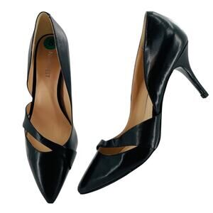 Nine West Black Leather Half D'Orsay Pointed Toe Vamp Strap Classic Heel Pump 8